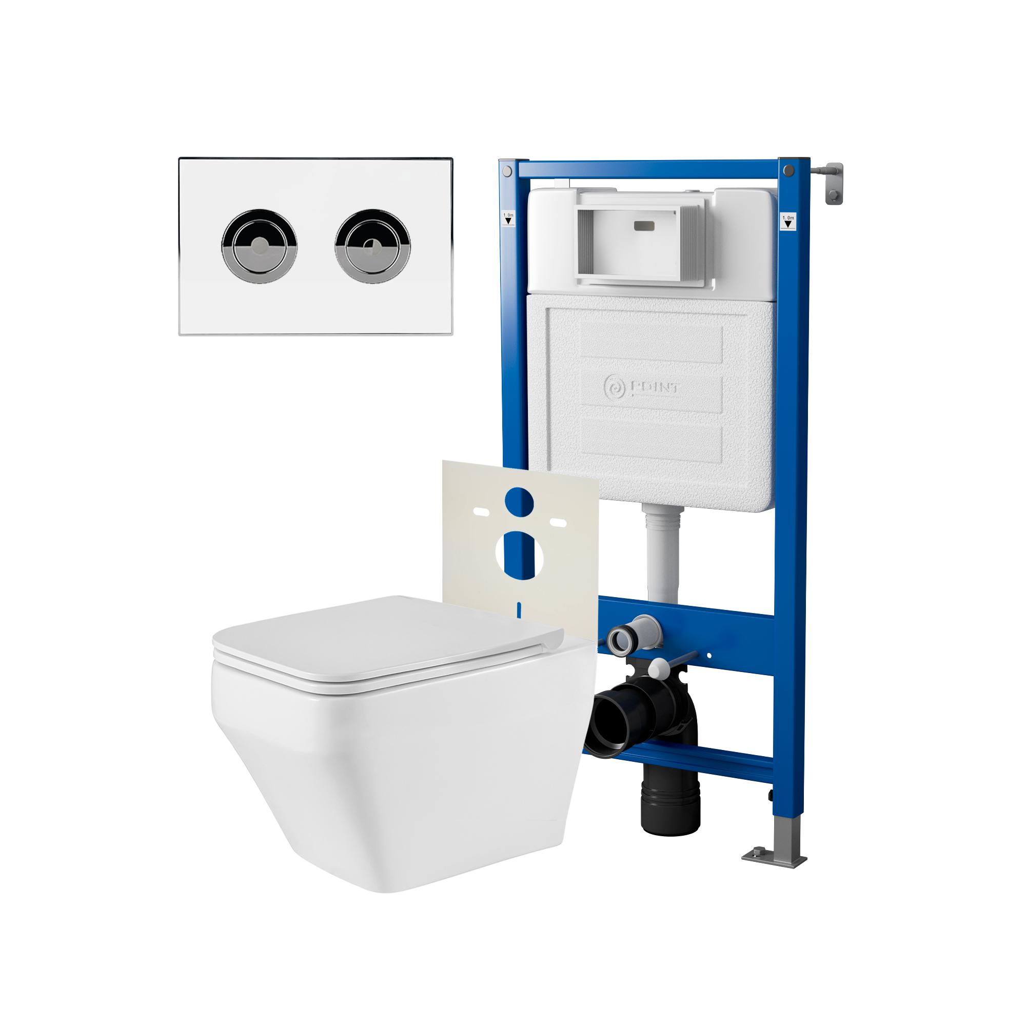 Сет: Инсталляция пневм Point Элемент П PN45121 + Клавиша уст в стену бел/хром+Унитаз Аврора PN41101 