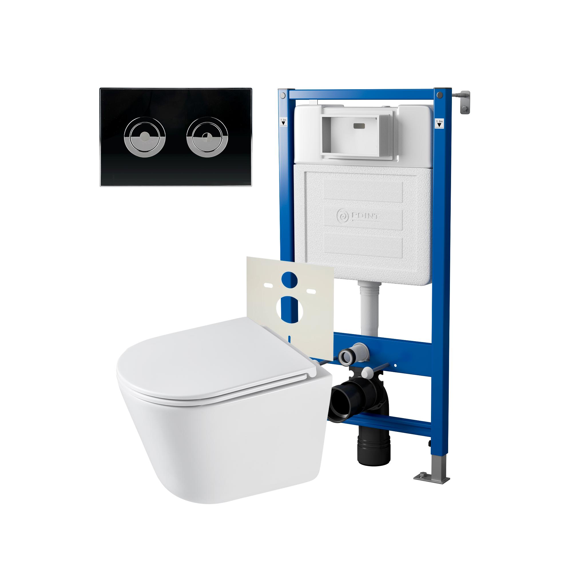 Сет: Инсталляция пневм Point Элемент П PN45121 + Клавиша уст в стену черн/хром+Унитаз Венера PN41071