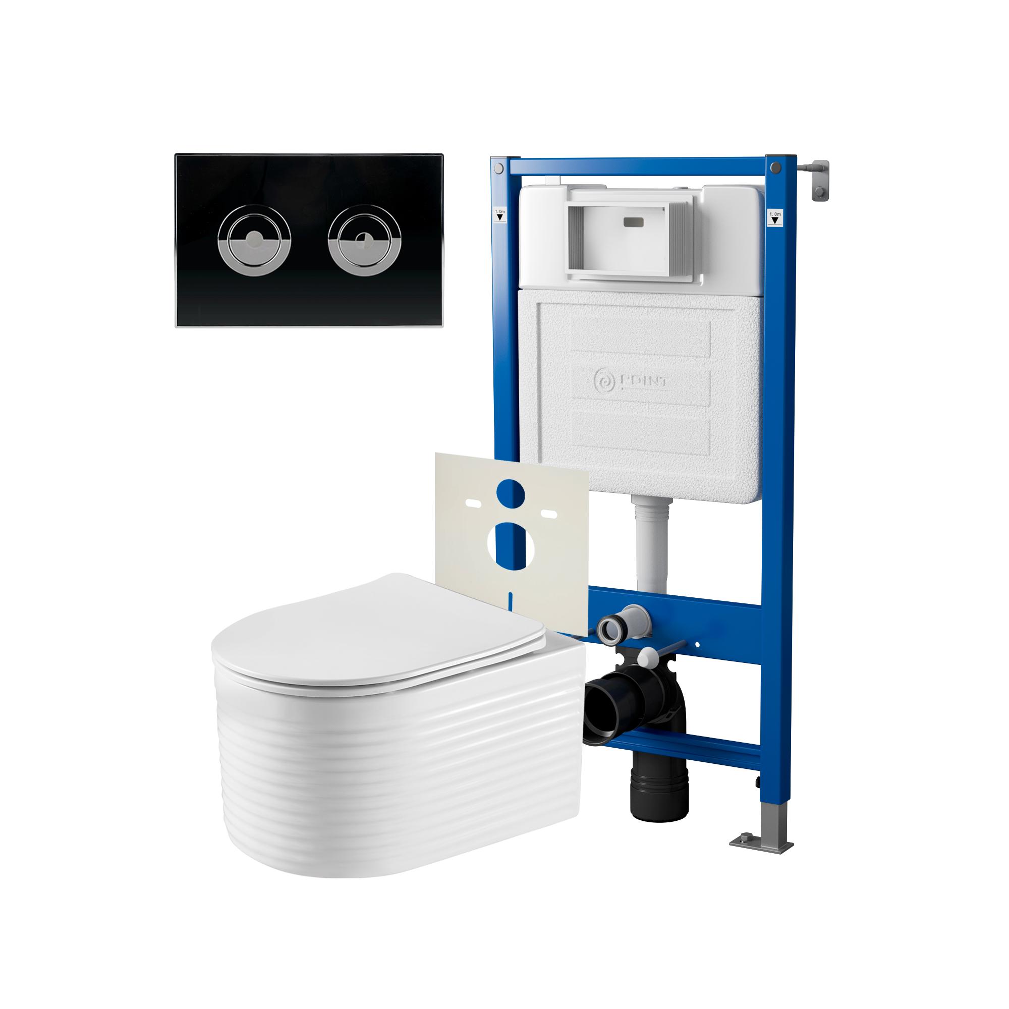 Сет: Инсталляция пневм Point Элемент П PN45121 + Клавиша уст в стену черн/хром +Унитаз Омега PN41902