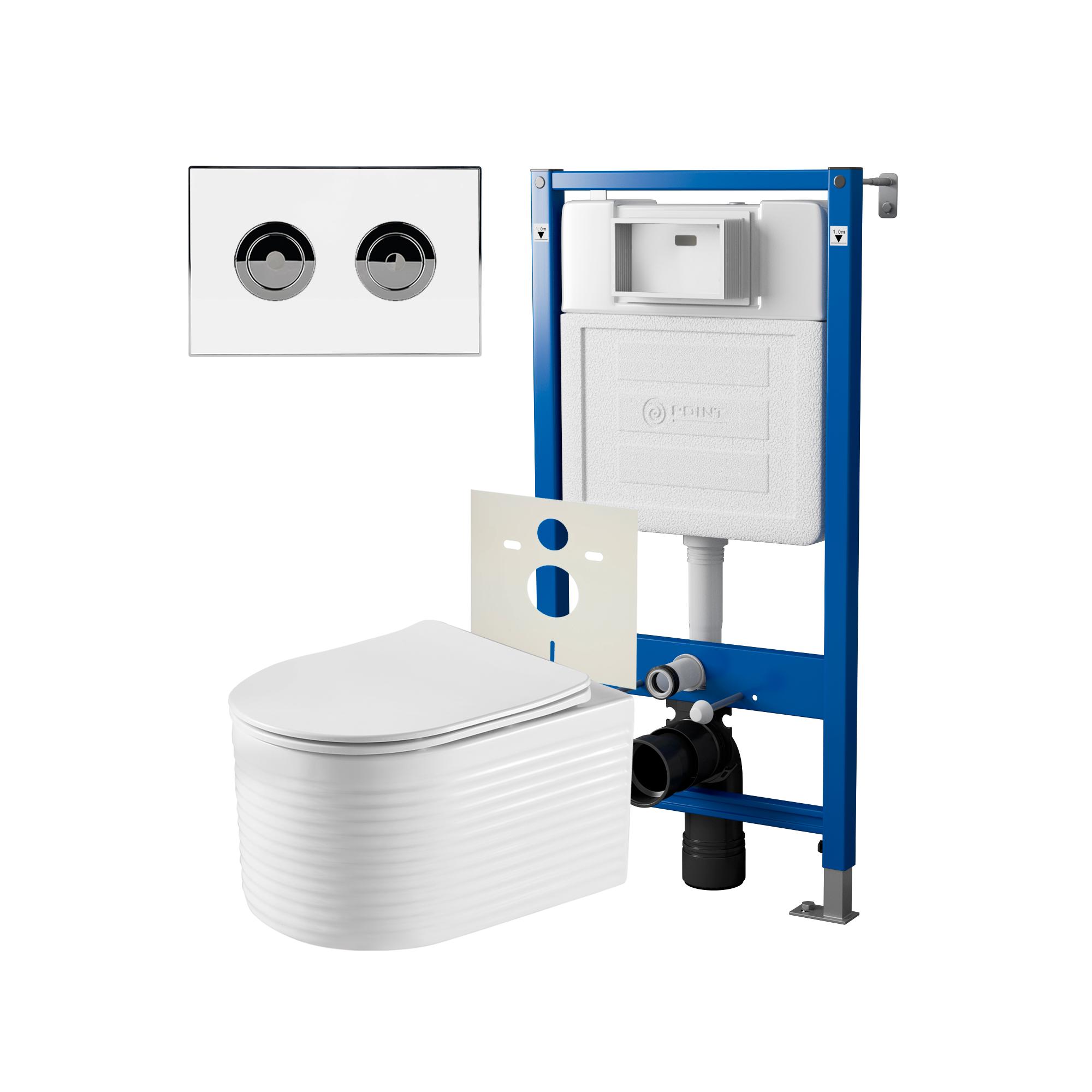 Сет: Инсталляция пневм Point Элемент П PN45121 + Клавиша уст в стену бел/хром + Унитаз Омега PN41902